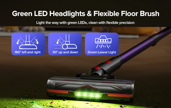Vacuum cleaner with green LED headlights and flexible floor brush on a dark surface.