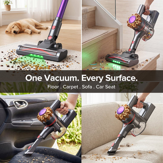 A four-panel collage showing a cordless stick vacuum cleaner being used in real home environments: on a floor with a dog nearby, on stairs, inside a car, and on a sofa. Text across the center reads, 'One Vacuum.