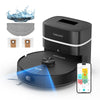 Robotic vacuum cleaner with attachments and smartphone app on a white background