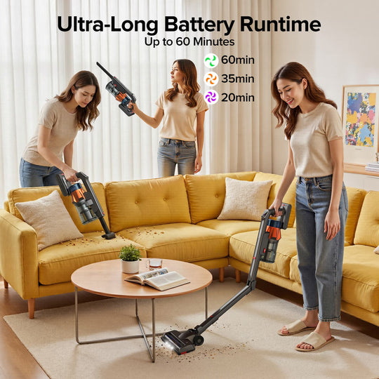 Three women using cordless vacuum cleaners in a living room with text about battery runtime.