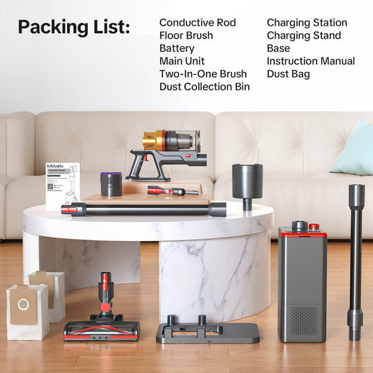 Packing list of a vacuum cleaner with its components displayed on a table.