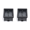 Two black plastic components with slotted design on a white background