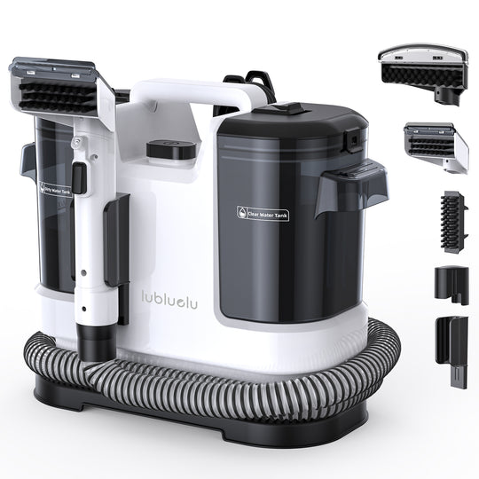 A white and black iubluelu water tankless steam cleaner with a flexible hose, shown with several interchangeable attachment heads on a clean white background.