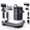 A white and black iubluelu water tankless steam cleaner with a flexible hose, shown with several interchangeable attachment heads on a clean white background.