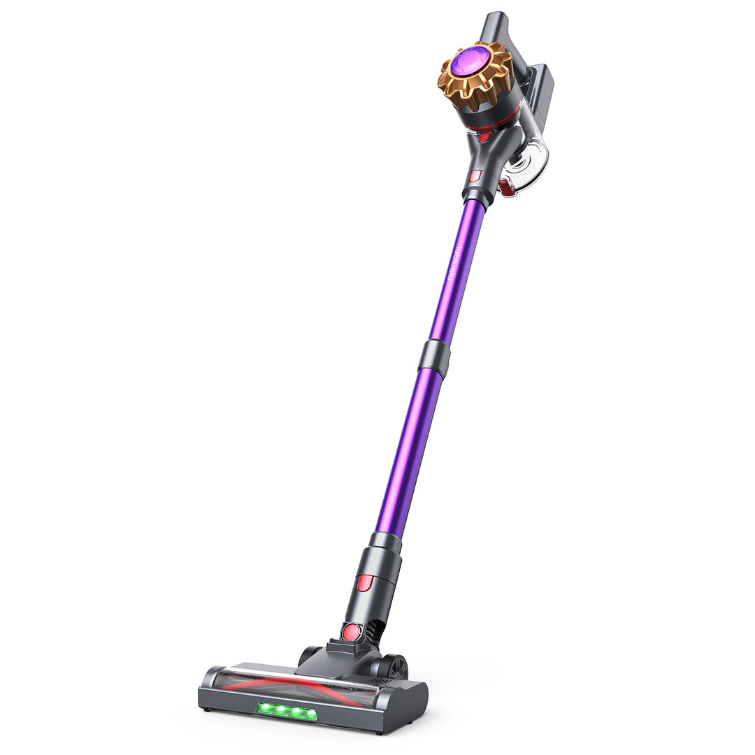 A cordless stick vacuum cleaner with a metallic purple handle, dark gray base and attachments, and a glowing purple circular detail on the motor housing, shown against a plain white background.