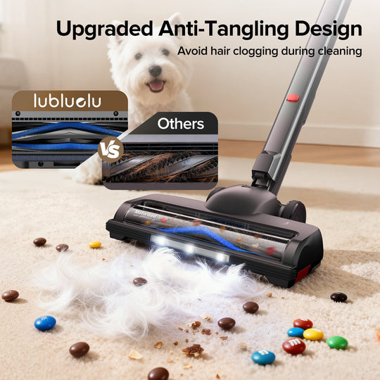 Vacuum cleaner with upgraded anti-tangling design cleaning a carpet, showing comparison with 'Others' brand.