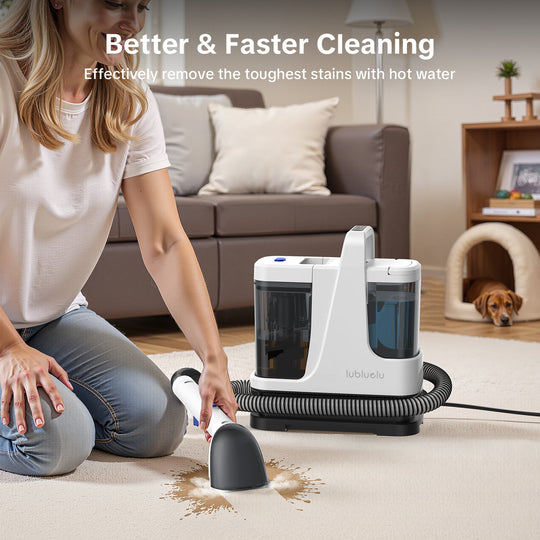 Person using a cleaning device on a carpet with text about better and faster cleaning.