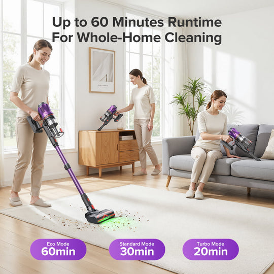 Three people using a vacuum cleaner in a living room with text about runtime for whole-home cleaning.