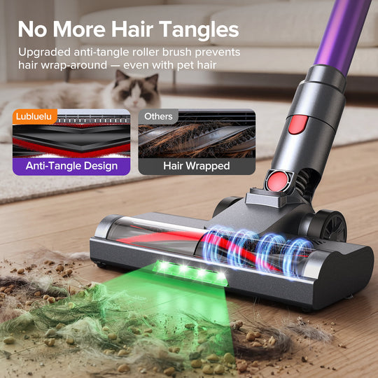 A cordless pet hair vacuum cleaner head shown on a wooden floor, with a cat blurred in the background. The image includes marketing text, comparison callouts labeled Lubblueu and Others, and a green light effect illustrating pet hair pickup.