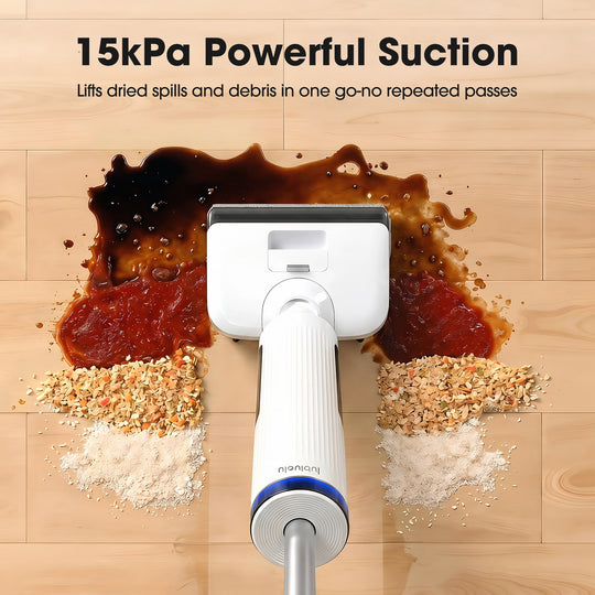 Vacuum cleaner cleaning a spill on a wooden floor with text about powerful suction.