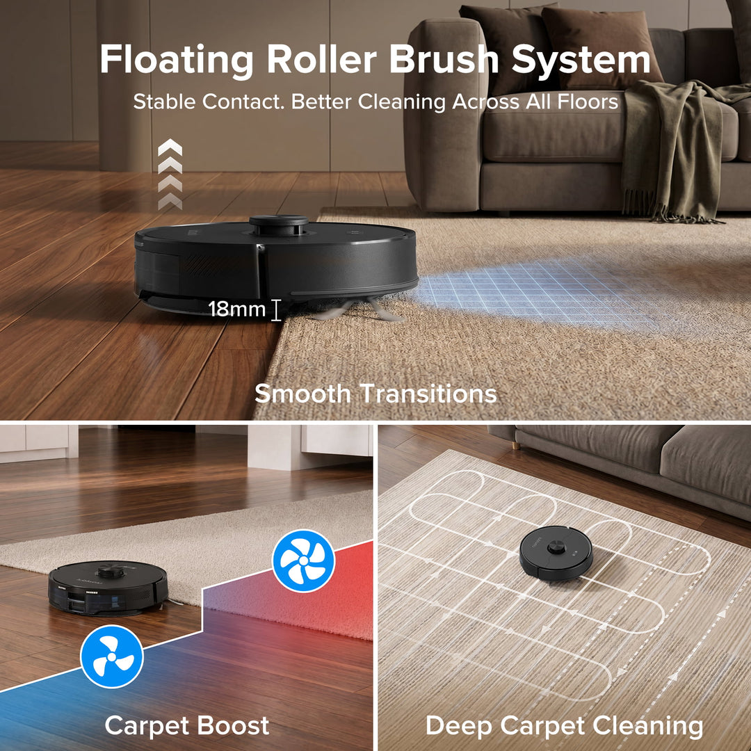 Robotic vacuum cleaner with floating roller brush system on a wooden floor and rug.