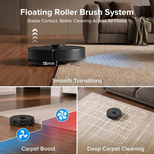 Robotic vacuum cleaner with floating roller brush system on a wooden floor and rug.
