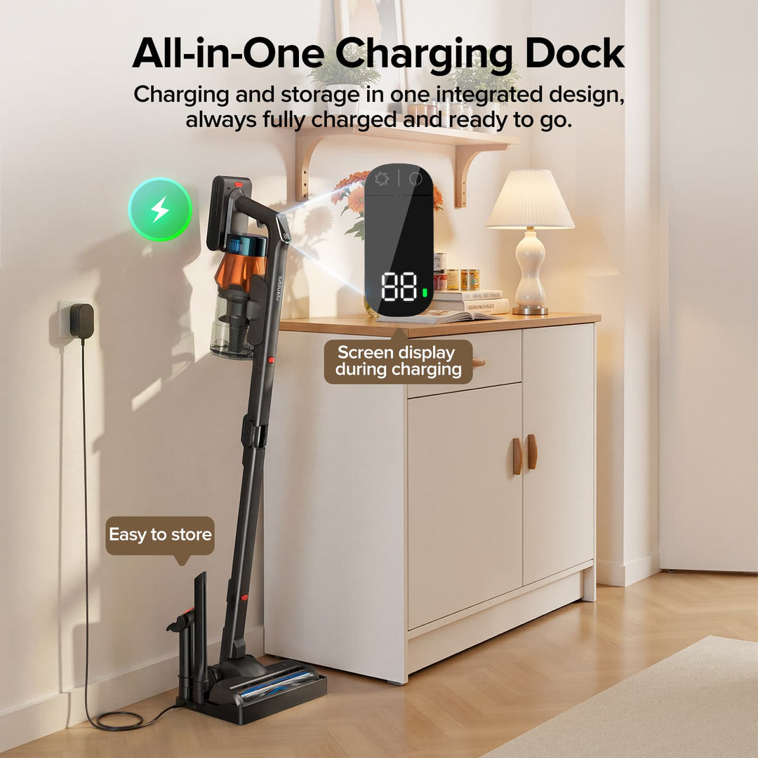 All-in-one charging dock with screen display for a vacuum cleaner, placed on a cabinet in a room.