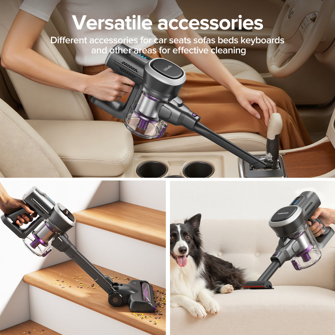 Handheld vacuum cleaner with versatile accessories for cleaning car seats, sofas, beds, keyboards, and other areas.