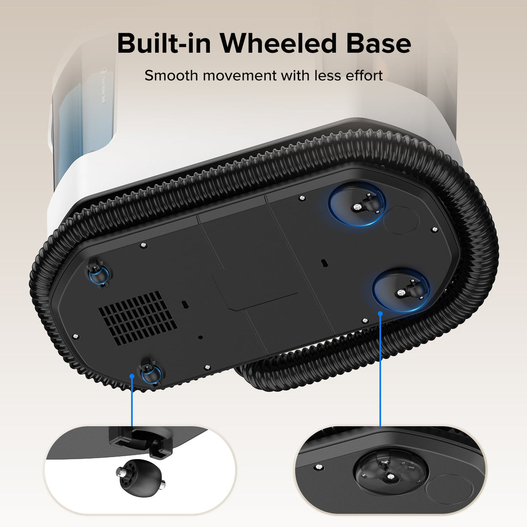 Under-view product shot of a white and black wheeled base device with text reading 'Built-in Wheeled Base' and 'Smooth movement with less effort,' plus two circular inset close-ups showing attachment points.