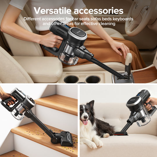 Vacuum cleaner with accessories being used on car seats, stairs, and a couch.
