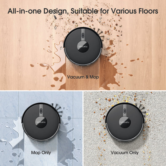 A promotional collage showing a round robotic floor cleaner labeled 'sduoku' in three use cases: a wood floor with 'Vacuum & Mop' text, a tiled floor with 'Mop Only' text, and a textured floor with 'Vacuum Only' text. The top panel includes the headline 'All-in-one Design, Suitable for Various Floors' and shows dirt being lifted from the floor.