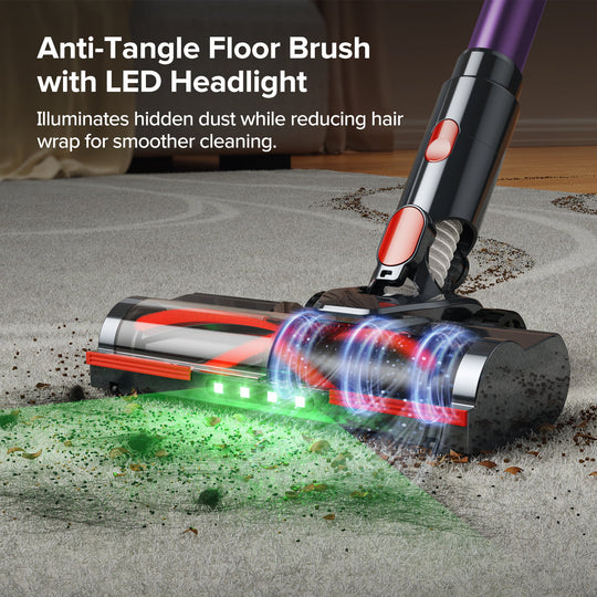 Anti-tangle floor brush with LED headlight cleaning a carpet.