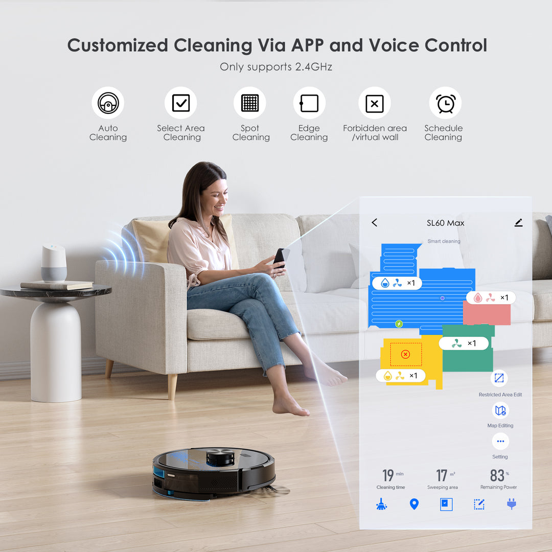 Customized Cleaning Via APP and Voice Control Only supports 2.4GHz