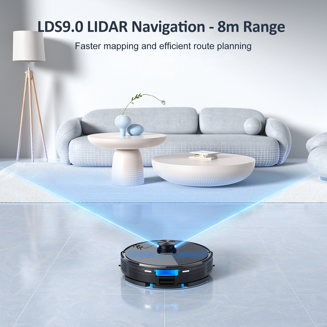 SL60 Plus robot vacuum advanced LDS 9.0 LIDAR mapping system accurately scans and maps multiple rooms for efficient navigation and thorough cleaning.