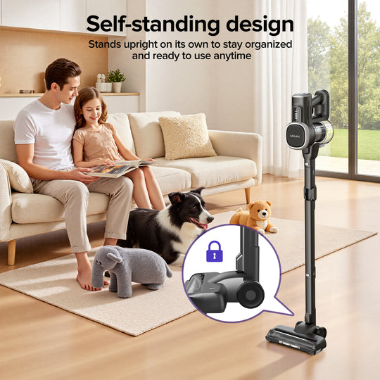 Family in a living room with a vacuum cleaner, emphasizing self-standing design.
