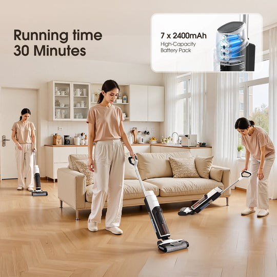 Three people using cordless vacuum cleaners in a living room with text about battery life.