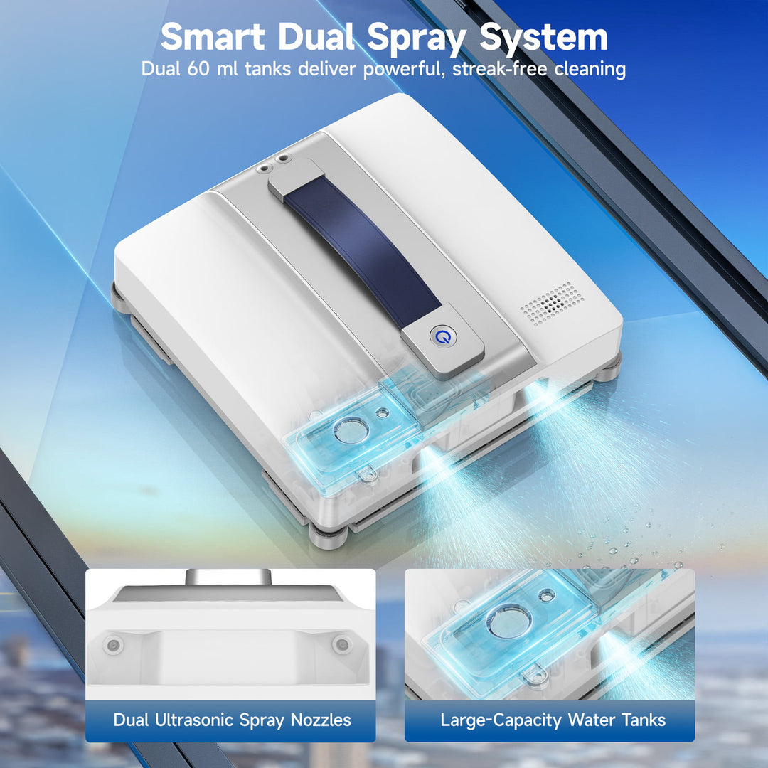 Smart dual spray system with ultrasonic nozzles and large-capacity tanks on a blue gradient background.