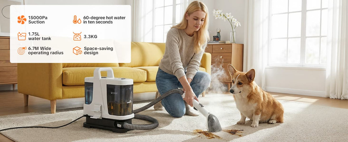 Woman using a vacuum cleaner on a carpet with a dog watching, in a living room setting.