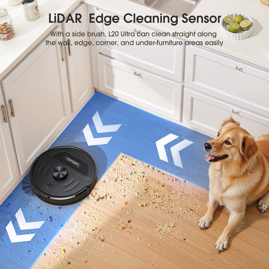 LiDAR Edge Cleaning Sensor With a side brush, L20 Ultra can clean straight along
the wall, edge, corner, and under-furniture areas easily