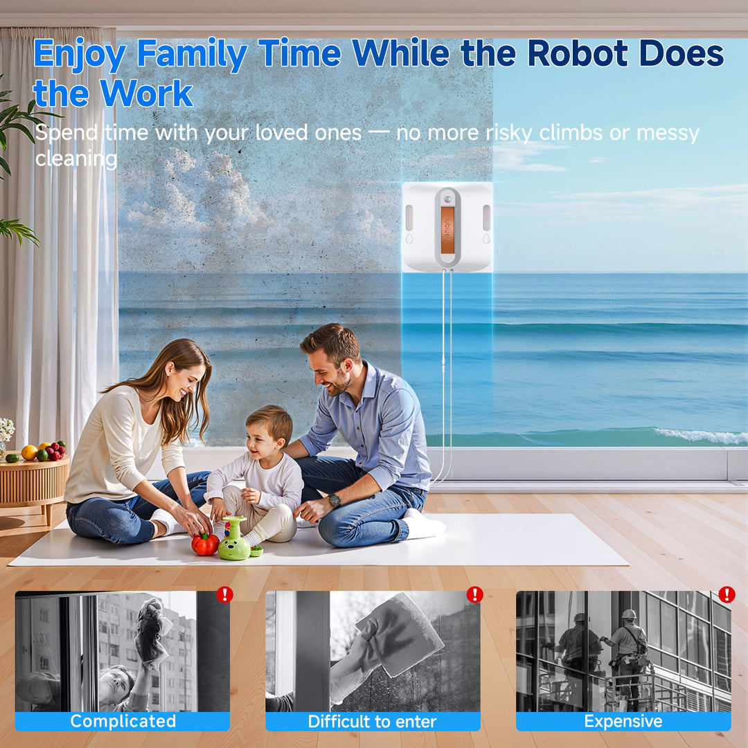 Family spending time together with a robot cleaning device in a room with a window view of the ocean.
