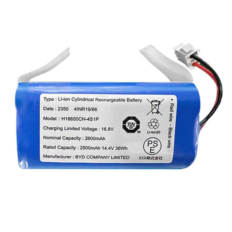 A blue lithium-ion battery with white connectors and caution labels, made in China, for a robotic vacuum cleaner.