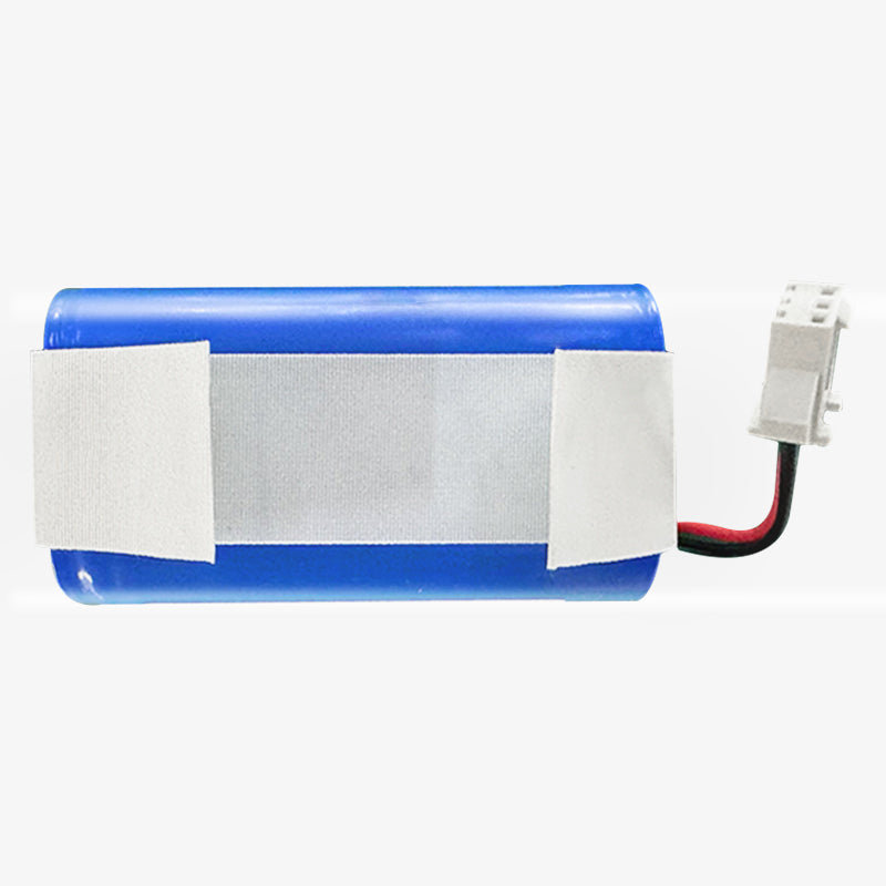 A blue lithium-ion battery with white connectors and caution labels, made in China, for a robotic vacuum cleaner.