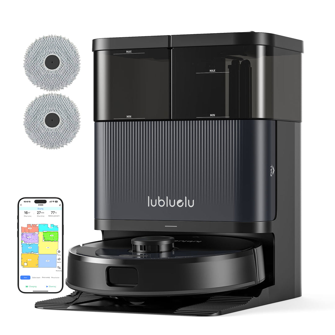 Robotic vacuum cleaner with app interface and cleaning pads on a white background