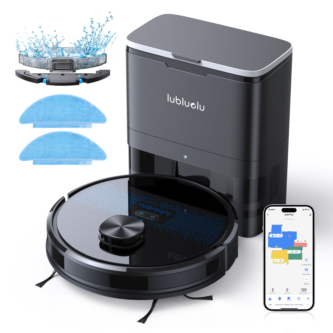 A black lubluelu SL60 Plus - SL60D Robot Vacuum with 2.5L Automatic Suction Station, shown with accessories like side brushes, mop cloths, and a cleaning tool.