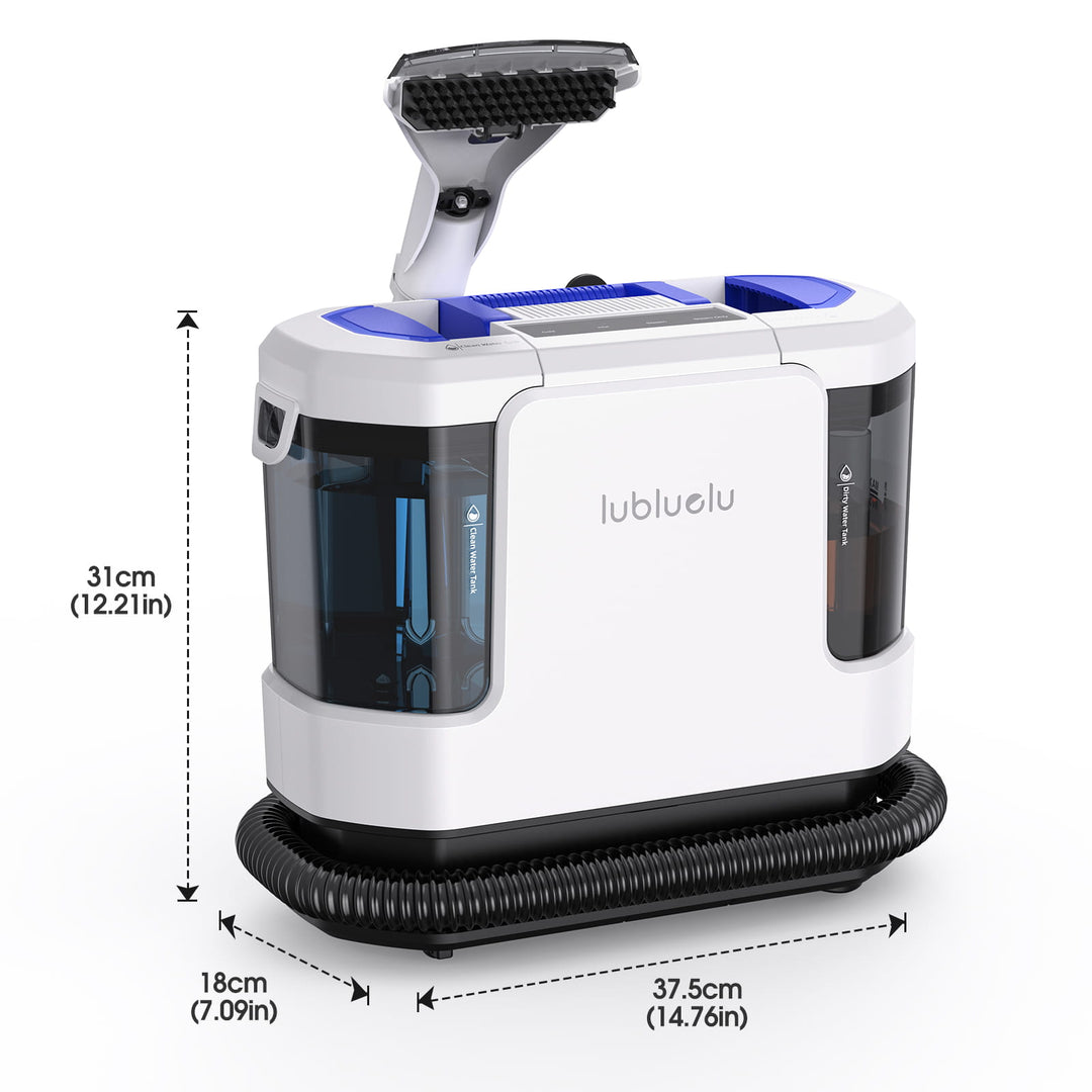 A white and blue lubluelu carpet cleaner with a black hose and attachment, shown with dimension lines and measurements on a white background.